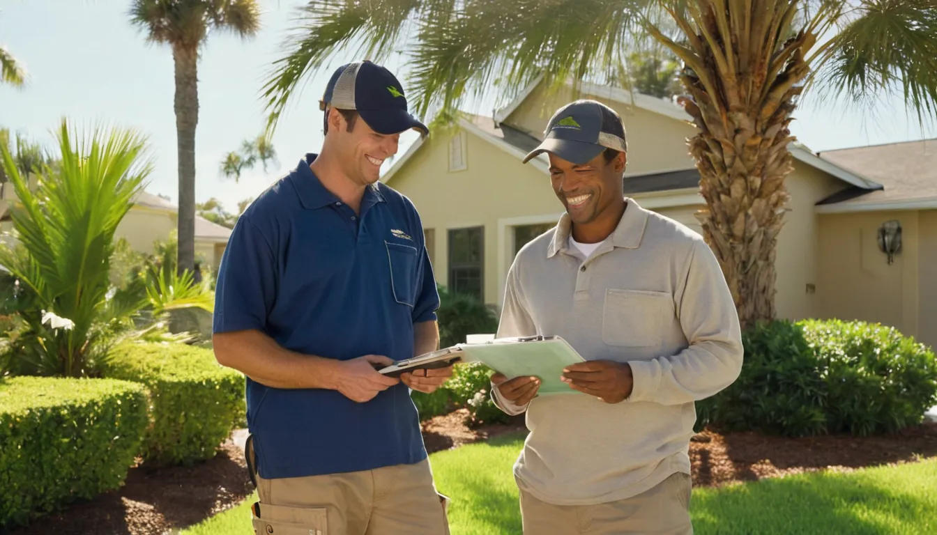 A homeowner reviewing a written tree removal quote with a provider in Crystal River