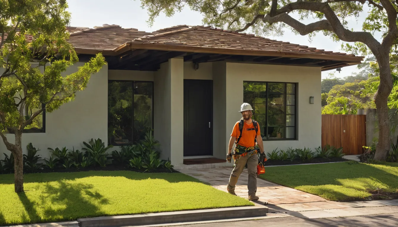 A tree removal provider cutting a large tree section near a single-story home in Crystal River